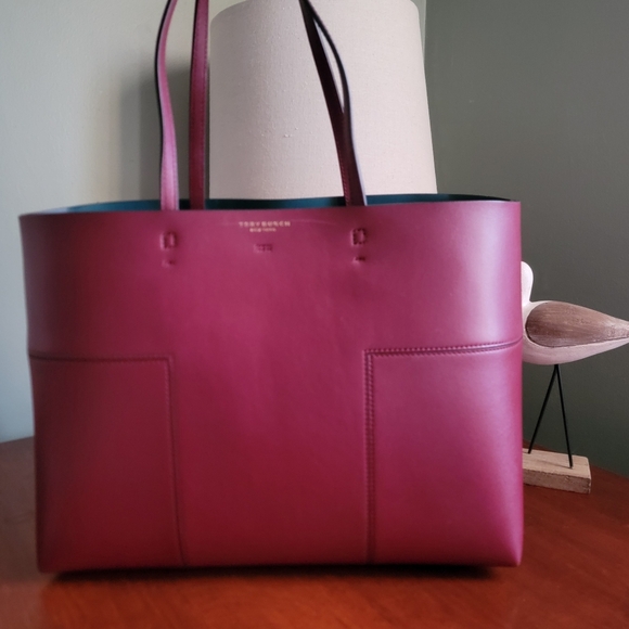 Tory Burch Block-T Tall Tote Cranberry Burgundy Unlined Leather With Zip Pouch - Picture 2 of 16